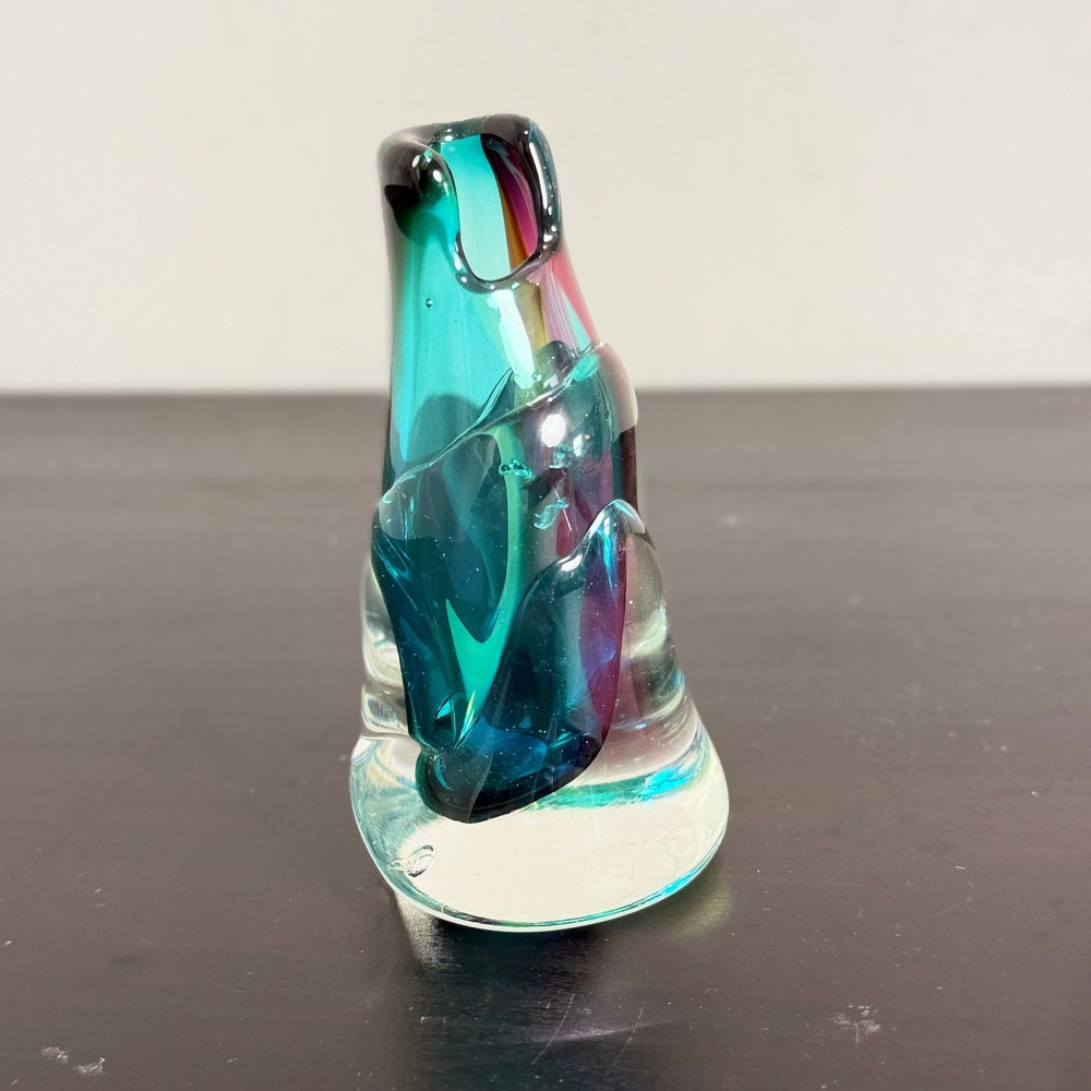 MCM Sommerso Art Glass Bud Vase Teal Purple Signed Dated Studio Paperweight
